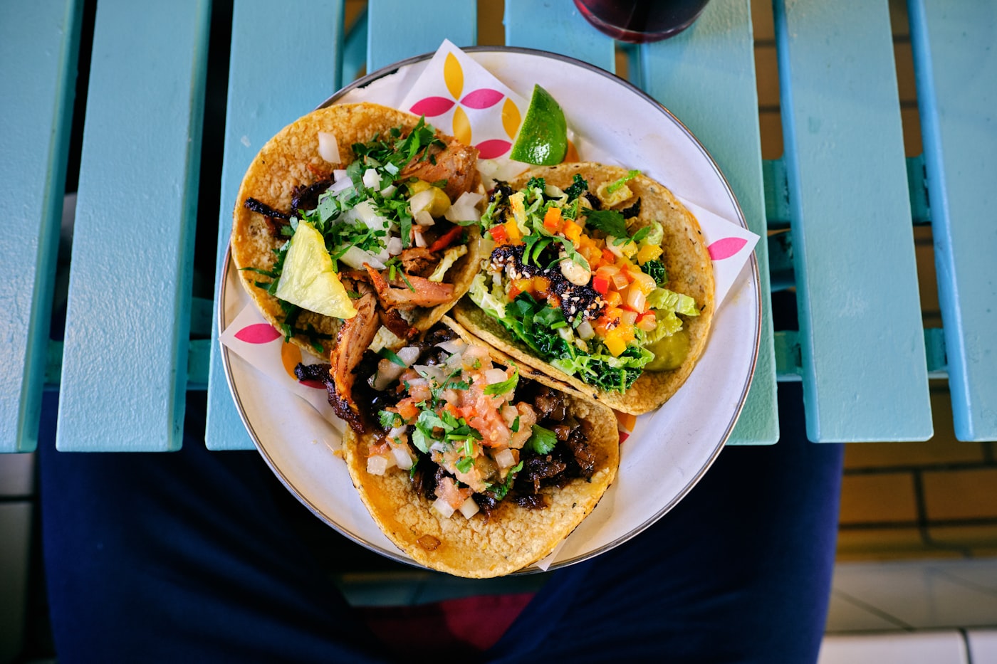 Tacos with cilantro, onion, and salsa